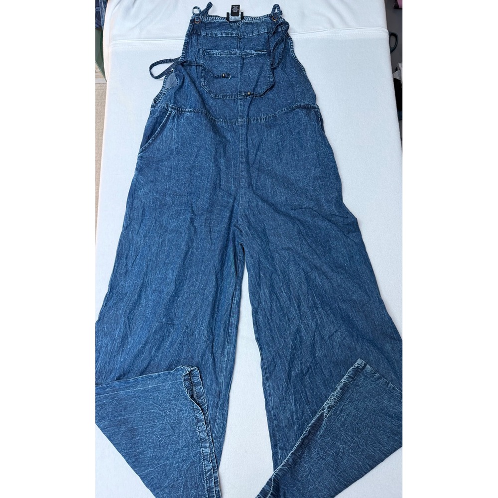 Angie Womens Denim Overalls Acid Wash Wide Leg Cotton Bib Jumpsuit Blue Large
